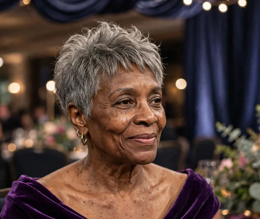 Black woman in her 60s with a textured gray pixie with a lifted crown wearing a purple evening gown at an awards ceremony