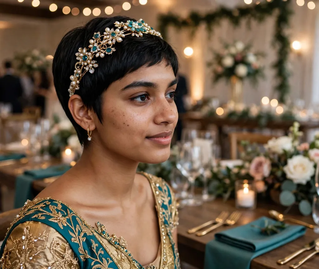 South Asian woman in her 20s with a jeweled headband on a sleek pixie wearing a gold and teal gown at a wedding reception