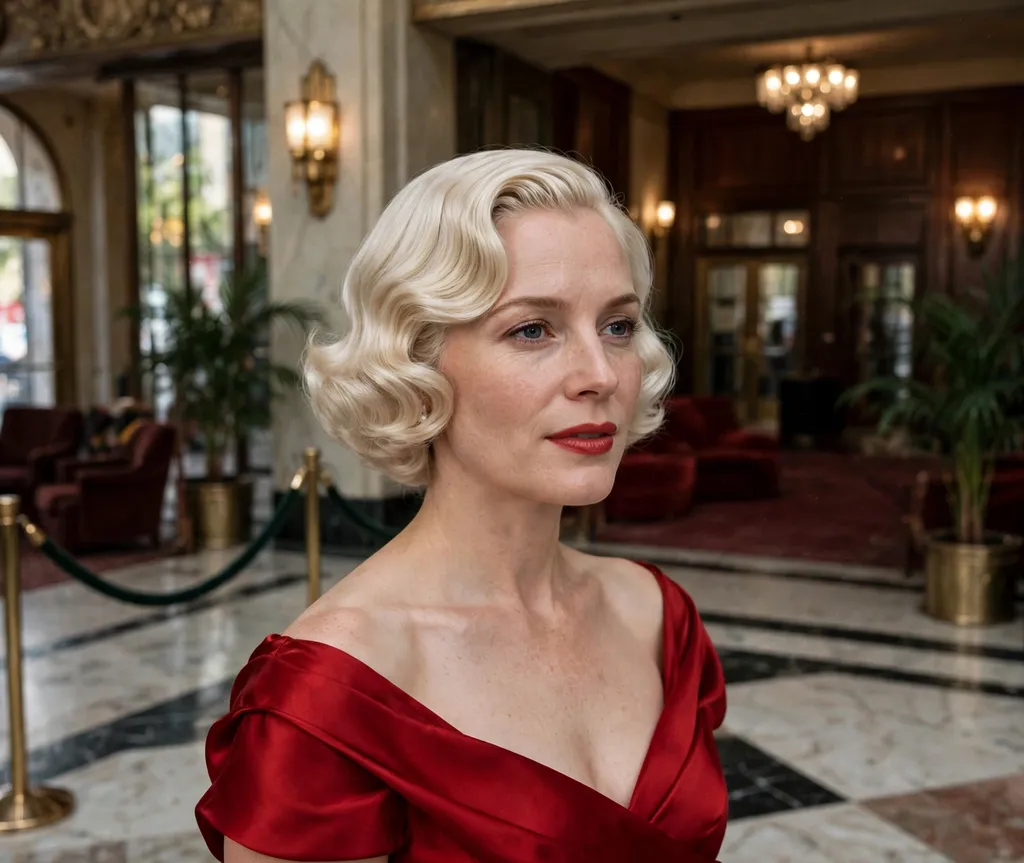 White woman in her 30s with old-Hollywood glamour waves in platinum blonde hair wearing a scarlet red gown in a theater lobby