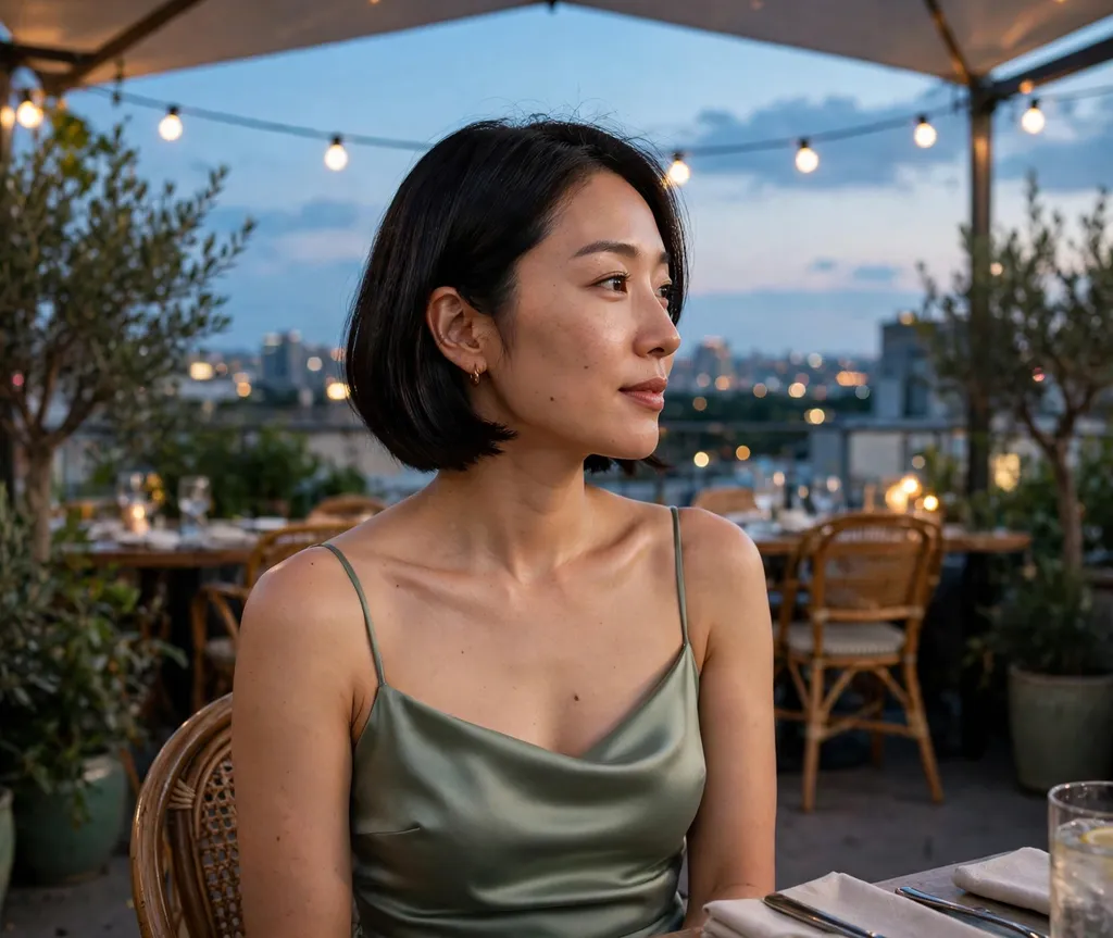 Korean woman in her 30s with a dark bob tucked behind the ears wearing a sage-green satin dress at a rooftop restaurant