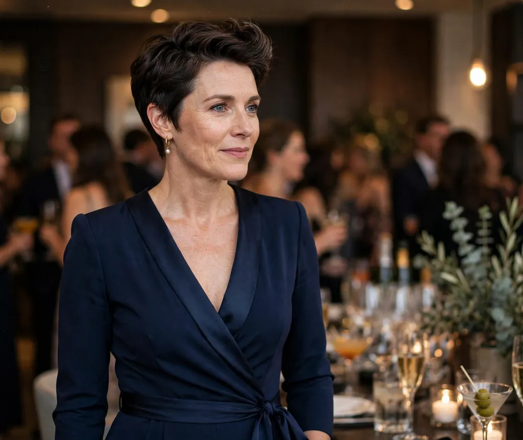 White woman in her 40s with a sophisticated quiff pixie in dark brown hair wearing a navy jumpsuit-gown at a cocktail party
