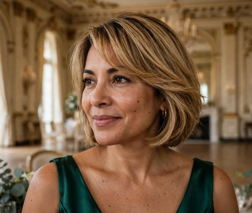 Latina woman in her 40s with a side-swept bangs bob in honey-blonde hair wearing an emerald cocktail dress in a ballroom