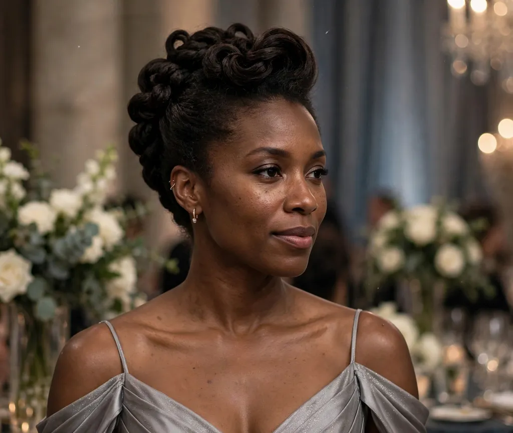 Black woman in her 30s with a soft elegant faux-hawk updo wearing a silver-gray gown at a gala