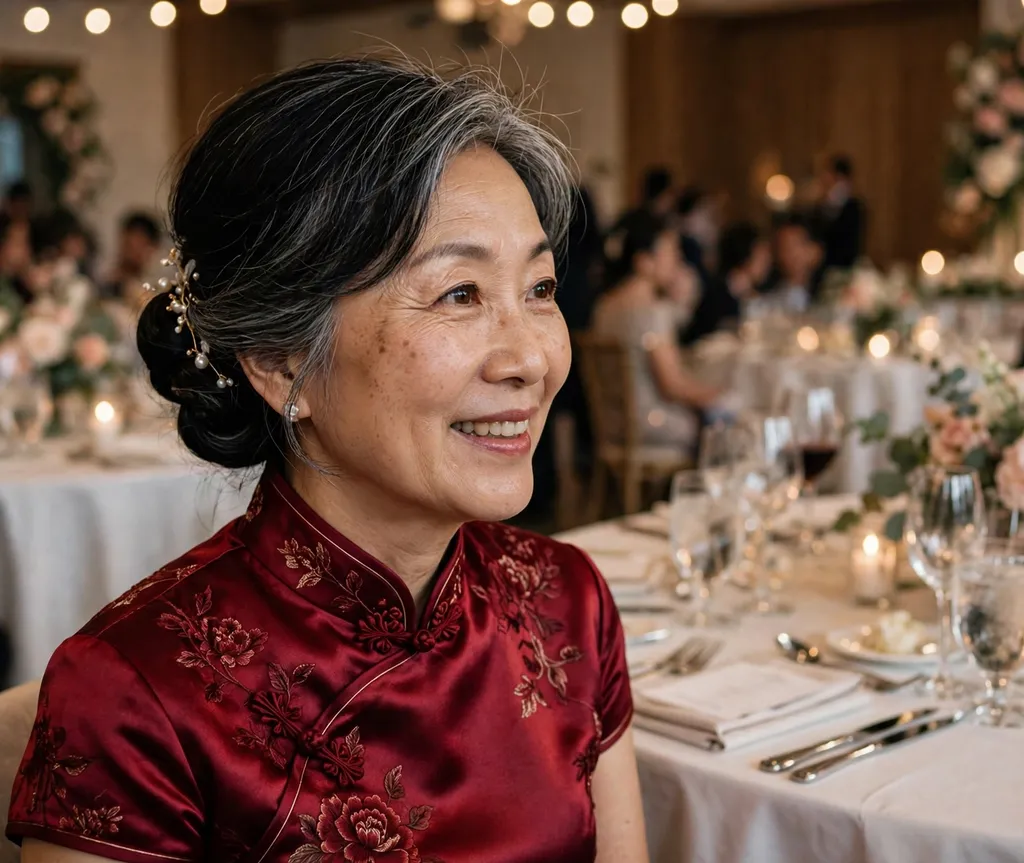 East Asian woman in her 50s with a pinned chignon for short hair wearing a wine-red qipao-style gown at a wedding banquet