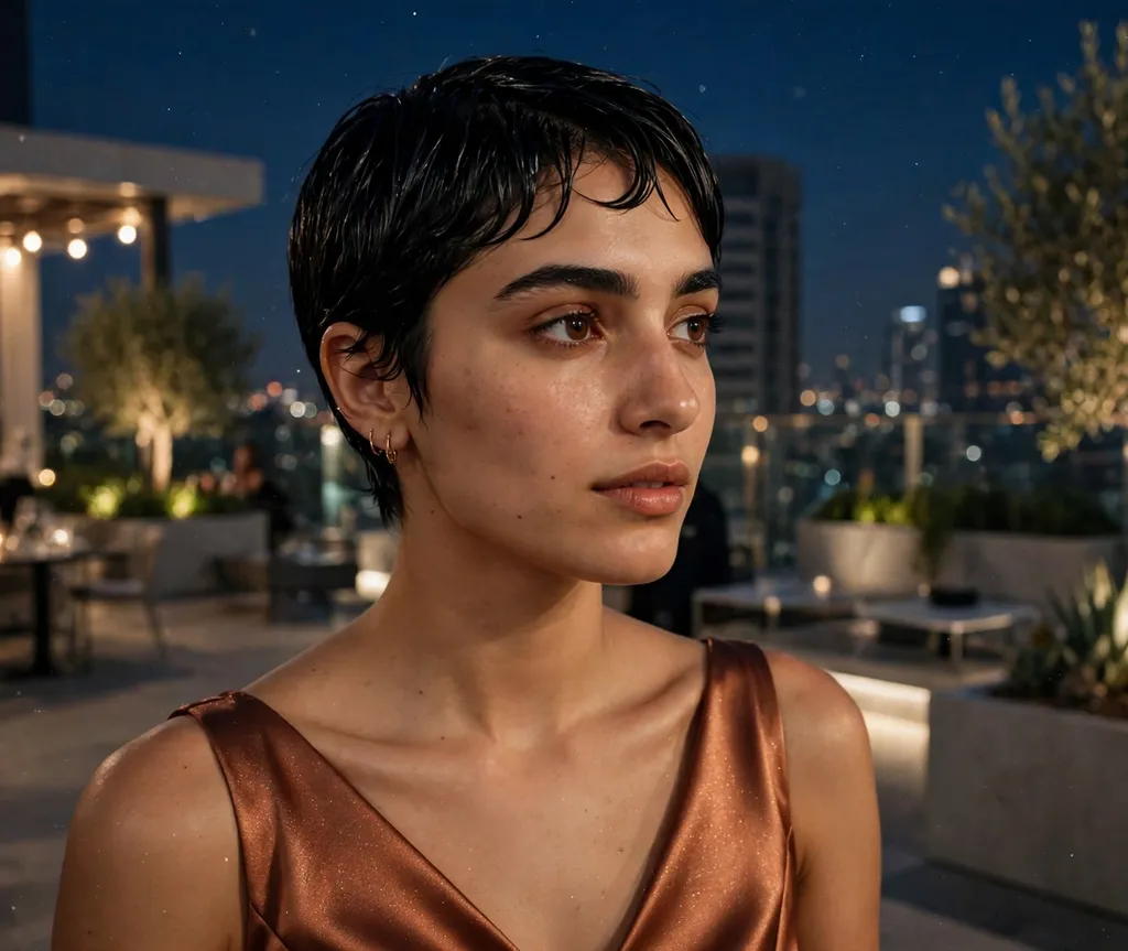 Middle Eastern woman in her 20s with a sleek wet-look pixie wearing a copper dress at a modern rooftop gala