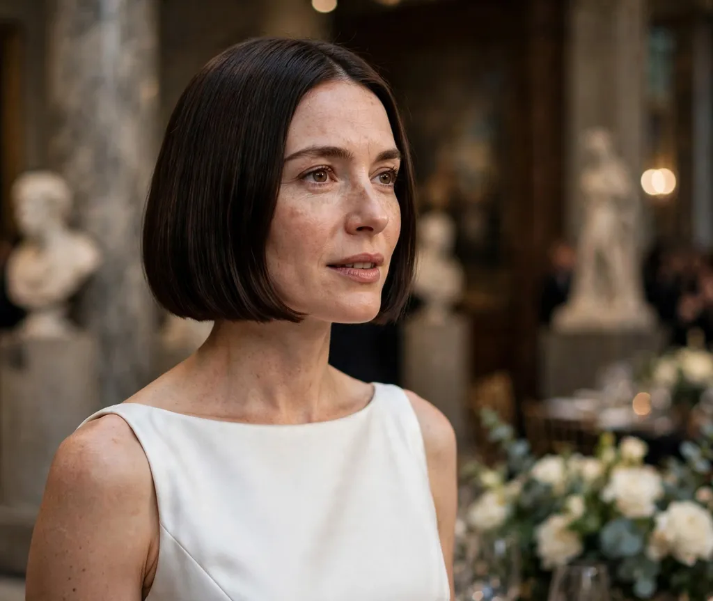 White woman in her 30s with a blunt bob with a middle part in dark brown hair wearing a white column gown at a museum gala