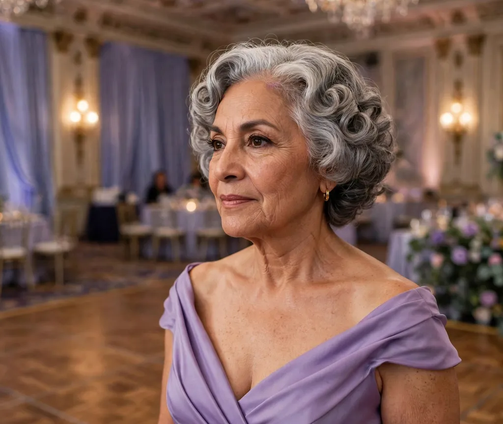 Latina woman in her 60s with soft romantic pin curls in silver-gray hair wearing a lavender evening gown on a ballroom dance floor