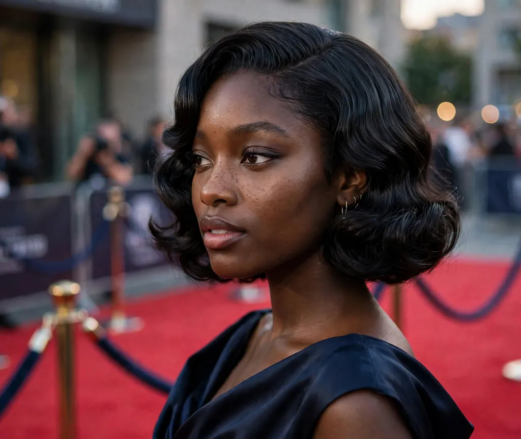 Black woman in her 20s with deep glamour waves on a bob wearing a midnight-blue gown on a red carpet