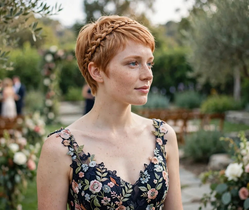 White woman in her 20s with a braided crown accent on a strawberry-blonde pixie wearing a floral embroidered gown at a garden wedding