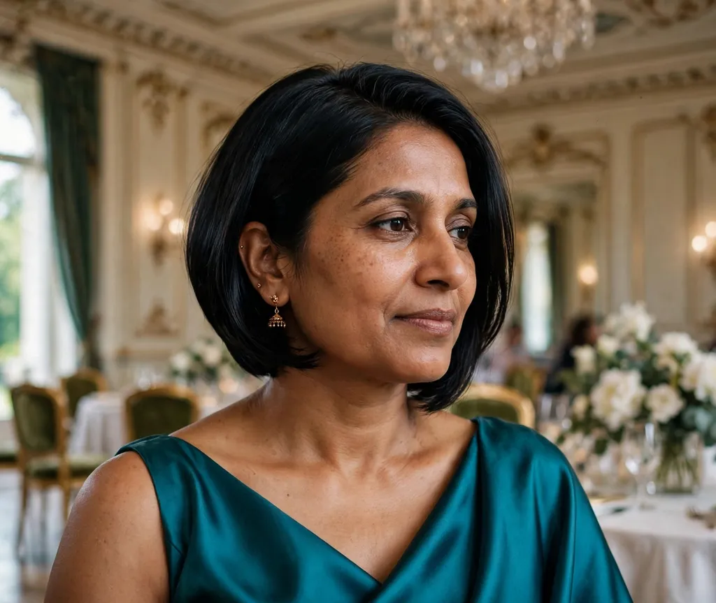 South Asian woman in her 40s with a polished angled lob in black hair wearing a teal silk gown in a ballroom