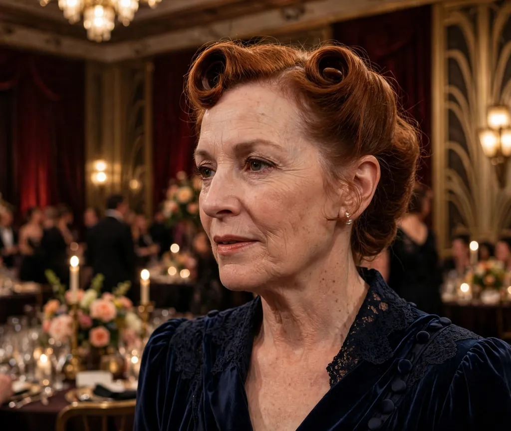 White woman in her 50s with vintage victory rolls on short auburn hair wearing a formal vintage-style dress at a retro gala