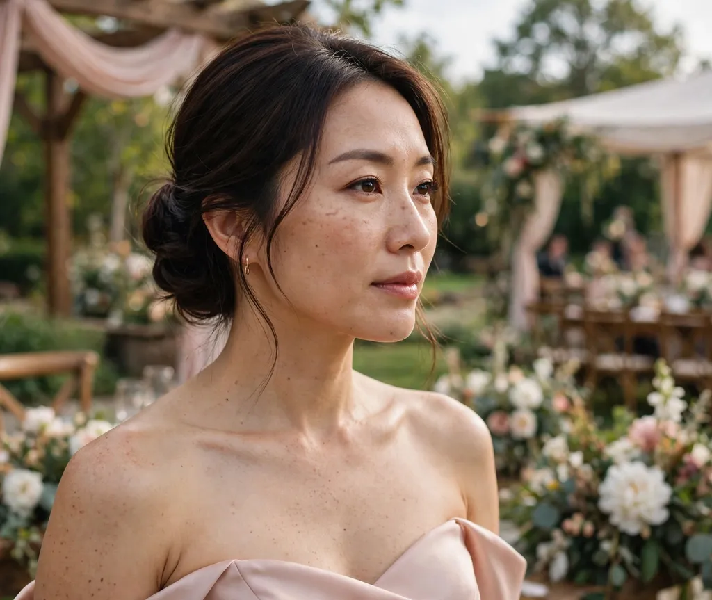 East Asian woman in her 30s with a low side chignon in dark brown hair wearing a blush-pink strapless gown at a wedding venue
