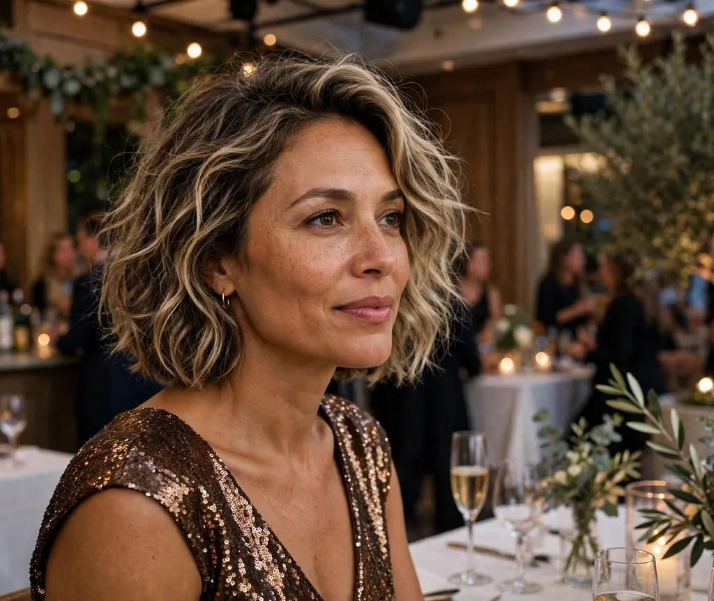 Mixed-race woman in her 40s with a tousled evening bob in dark blonde hair wearing a bronze sequin dress at a cocktail reception
