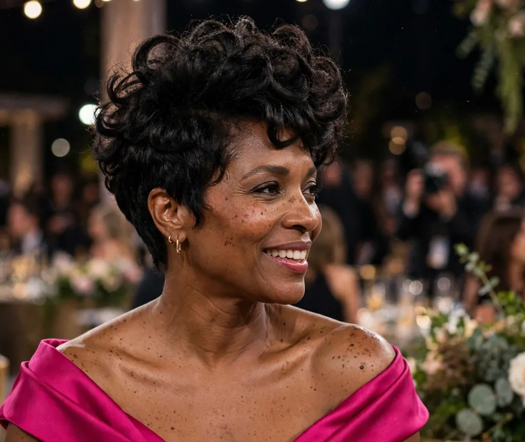 Black woman in her 40s with a high-volume sculpted pixie in natural curls wearing a fuchsia gown at an awards show