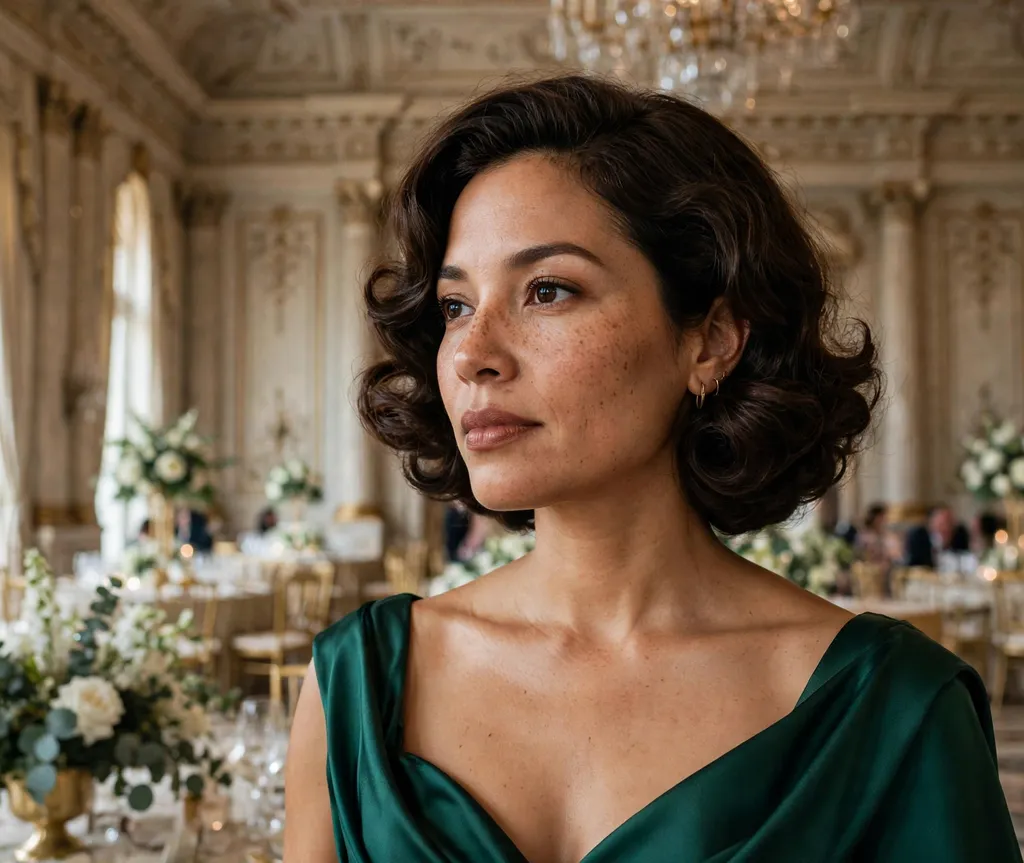Latina woman in her 30s with a classic barrel curl bob in dark chocolate hair wearing an emerald gown in a ballroom
