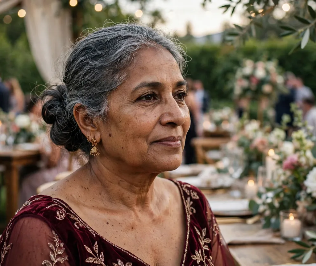 South Asian woman in her 50s with an elegant side bun on short salt-and-pepper hair wearing a maroon gown at a wedding