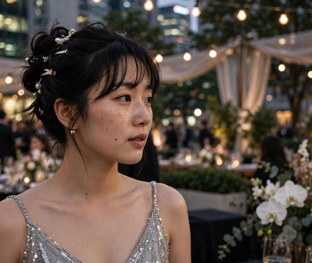 Korean woman in her 20s with a wispy bangs pinned updo in dark hair wearing a silver cocktail dress at a city gala
