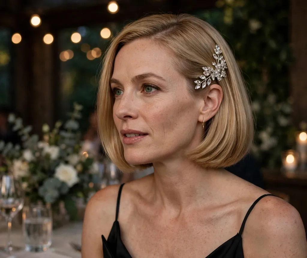 White woman in her 40s with a crystal clip accent on a honey-blonde bob wearing a black cocktail dress at an evening reception