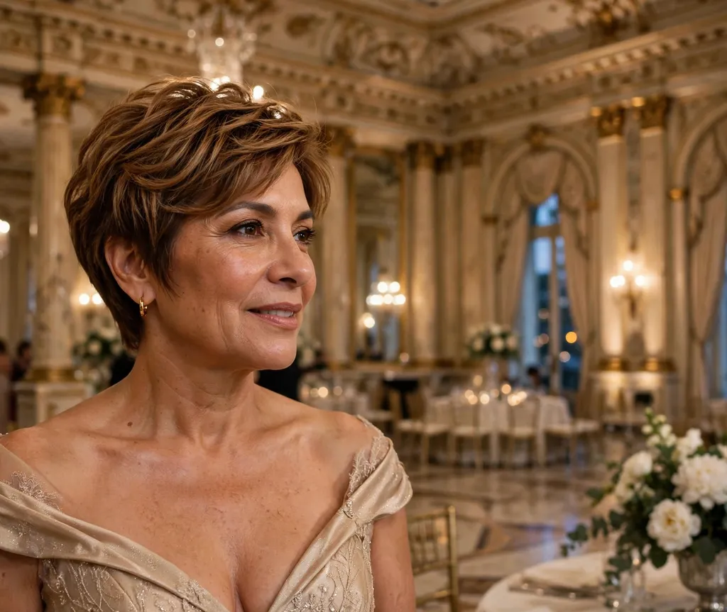 Latina woman in her 50s with an elegant feathered pixie in caramel hair wearing a champagne gown in a ballroom