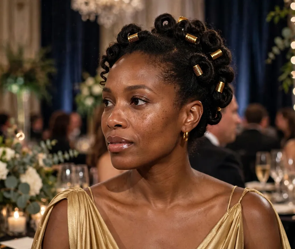 Black woman in her 30s with a coiled pinned curls updo in natural hair wearing a gold gown at a gala