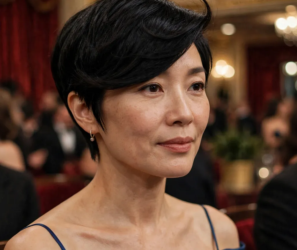 East Asian woman in her 40s with a dramatic swooped pixie in black hair wearing a sapphire gown at a theater gala