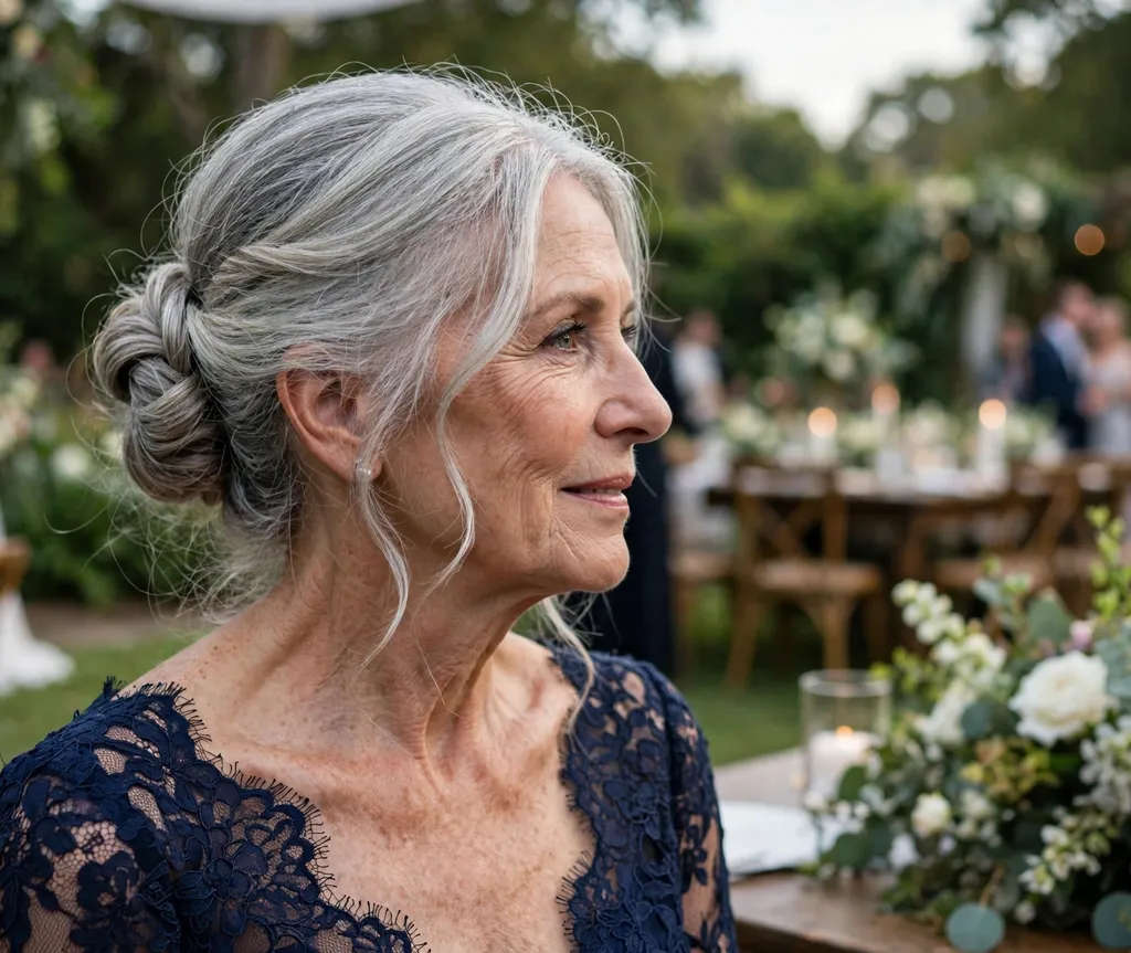White woman in her 60s with a low twisted knot in silver hair wearing a navy lace gown at a wedding
