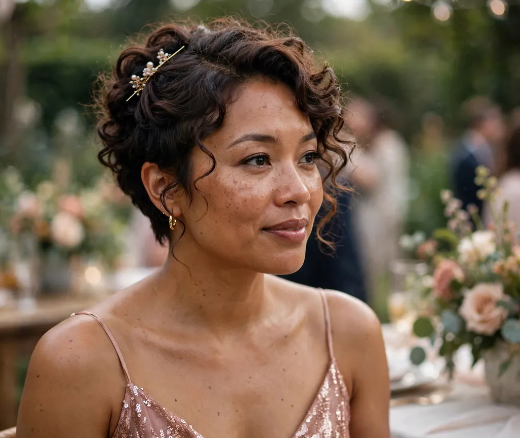 Mixed-race woman in her 30s with a romantic half-up pinned pixie in dark brown hair wearing a rose-gold dress at a garden party