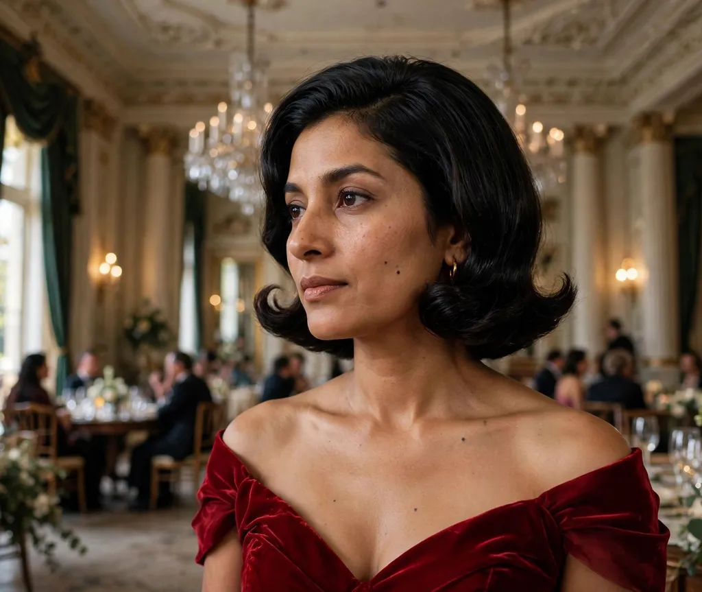 South Asian woman in her 30s with a glamorous flipped-end bob in black hair wearing a ruby-red gown in a ballroom