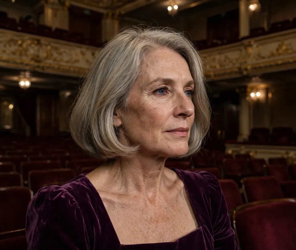 White woman in her 50s with a sophisticated pageboy bob in gray-blonde hair wearing a plum velvet dress at the opera