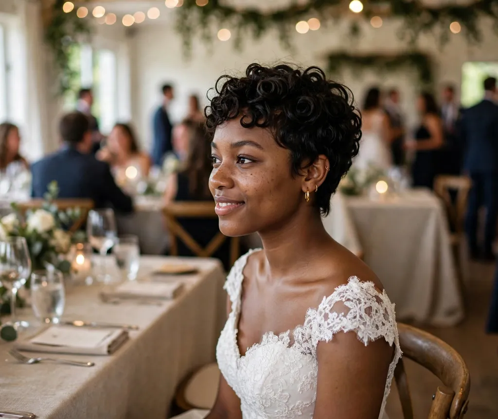 Black woman in her 20s with a spiral curl pixie in natural hair wearing a white formal gown at a wedding reception