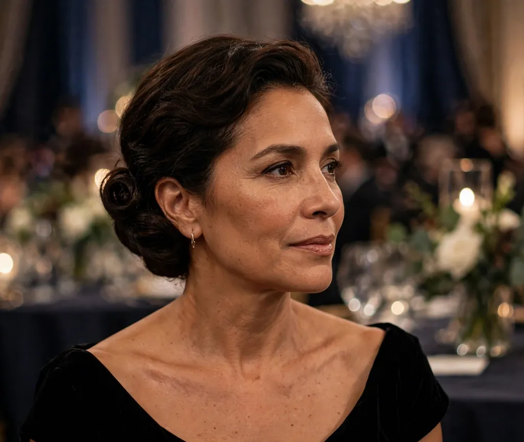 Latina woman in her 40s with a classic Gibson tuck on short dark brown hair wearing a black evening gown at a gala