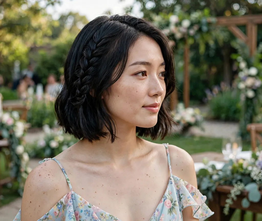 East Asian woman in her 20s with a graceful waterfall twist bob in dark hair wearing a pastel floral gown at a garden wedding