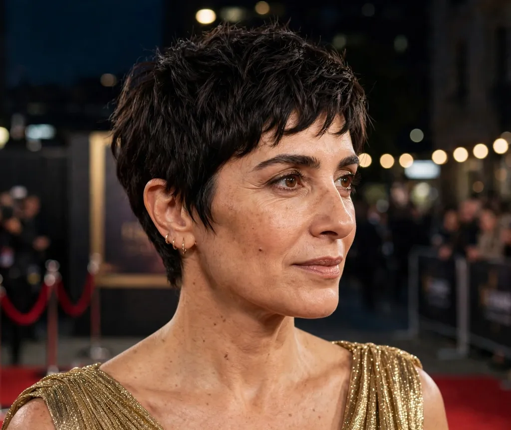 Middle Eastern woman in her 40s with a sculpted red-carpet pixie in dark hair wearing a gold lamé gown on a red carpet premiere