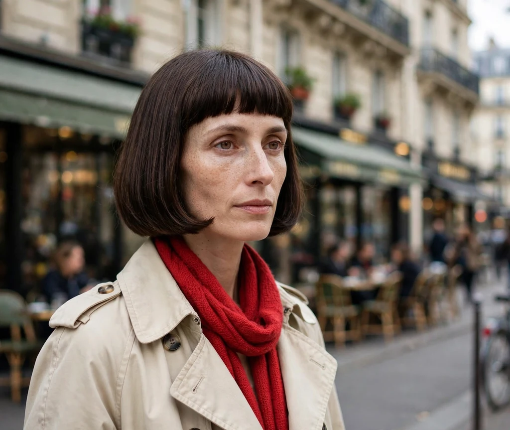 Woman with long face wearing a chin-length blunt bob with full bangs and teal embroidered dress