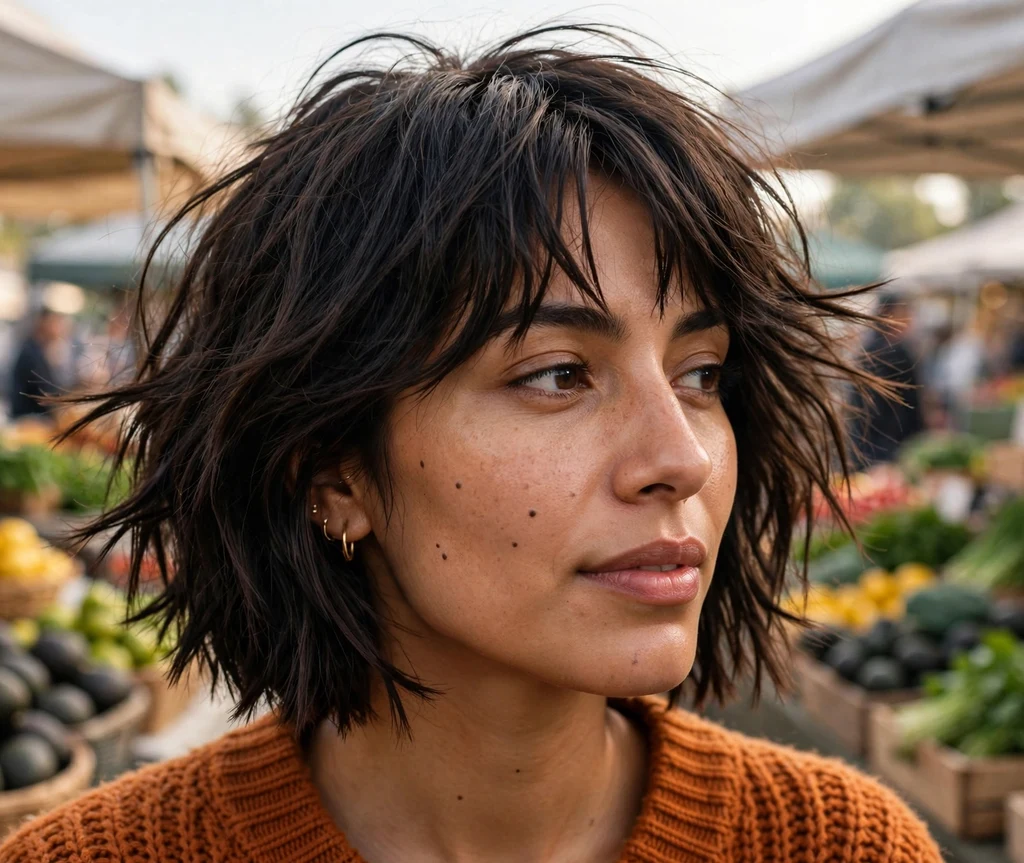 Woman in her 50s with long face wearing an angled A-line bob with deep side part