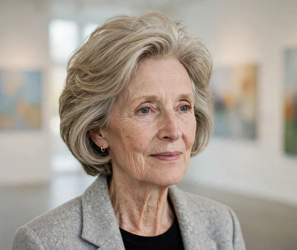 Woman with long face wearing a choppy textured bob with jagged ends at a farmers market