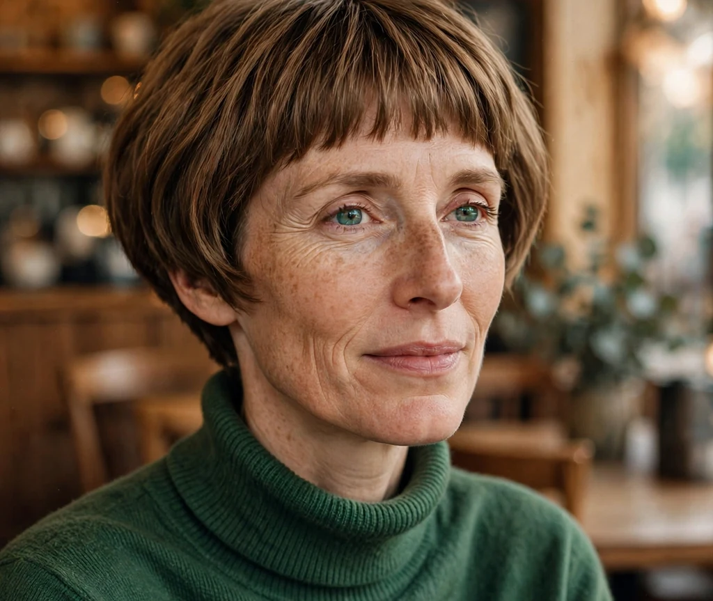 Woman with long face wearing a short pixie with long side-swept fringe on a city sidewalk
