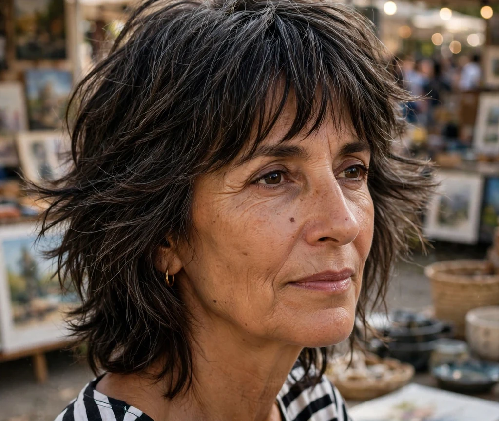 Woman with long face wearing a feathered pixie-bob with wispy side-swept bangs in a European square