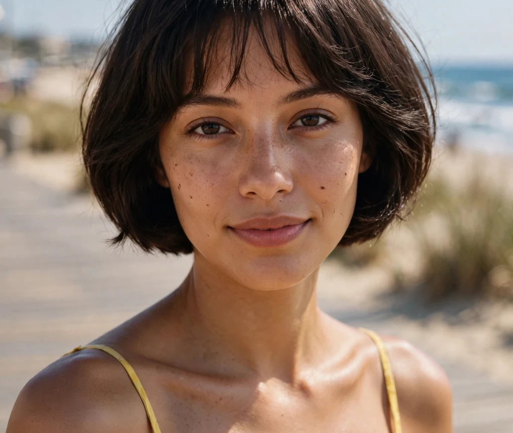 Woman with long face wearing an asymmetrical bob with wispy bangs on a city bridge