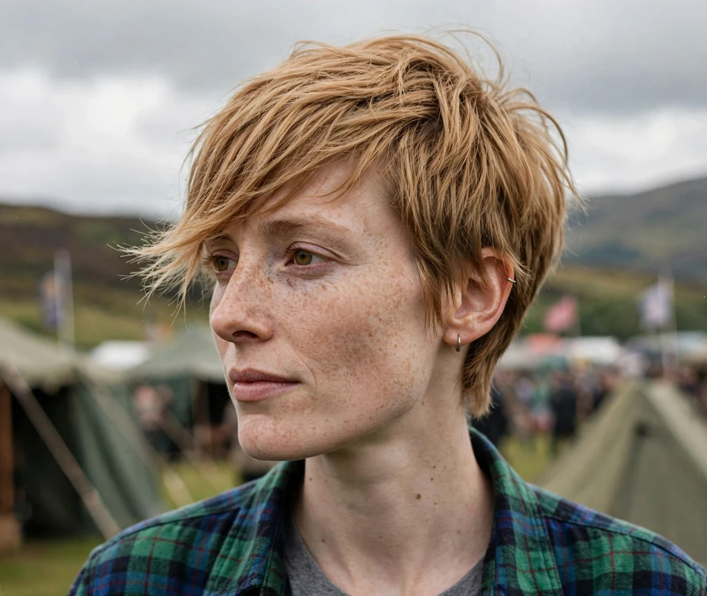 Older woman with long face wearing a side-parted pixie with volume on top at a book fair