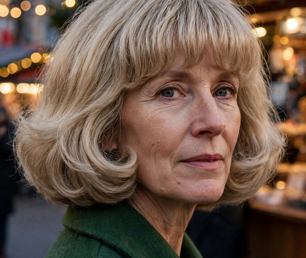 Woman with long face wearing a deep side-parted sleek chin-length bob at a gala event