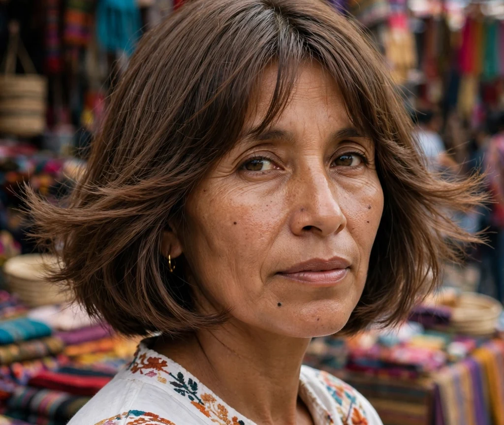 Woman with long face wearing a voluminous round-brushed bob with full fringe at a Christmas market