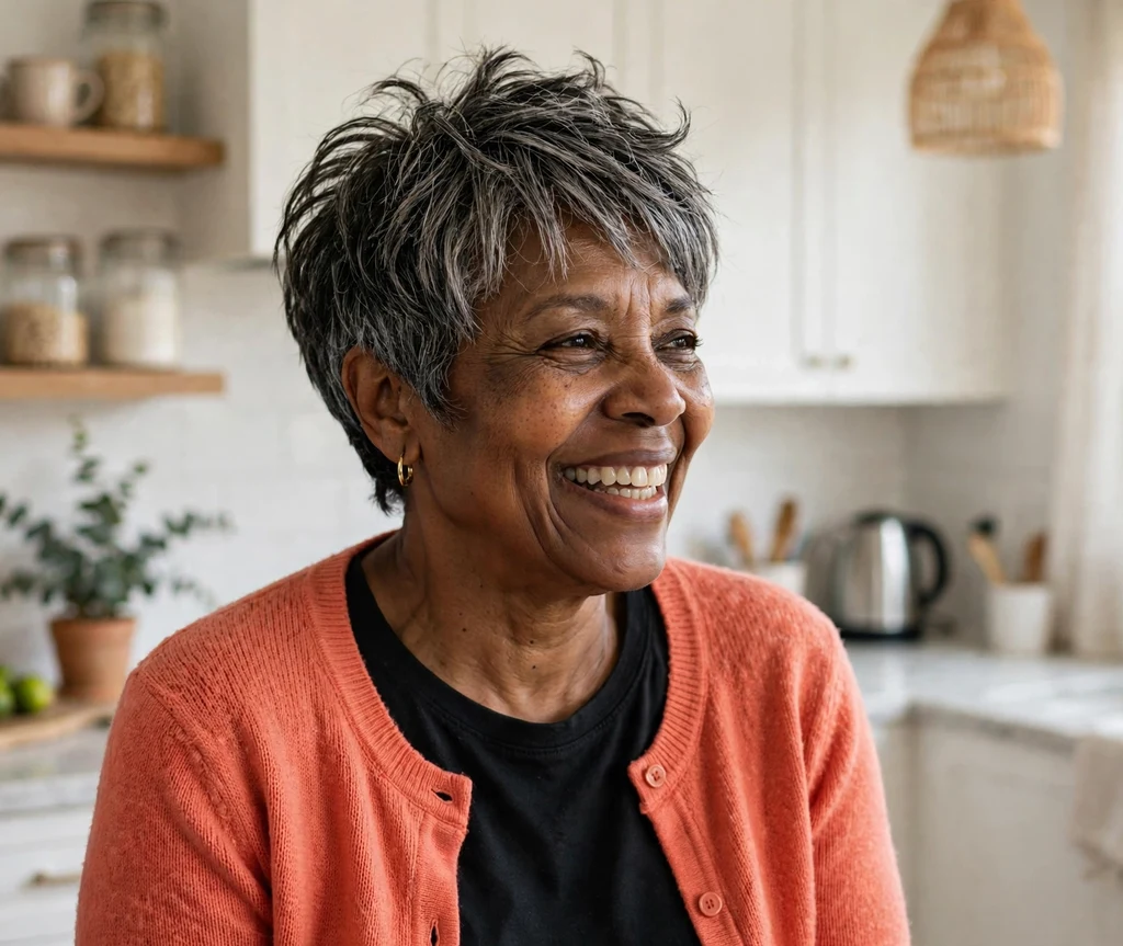 Classic textured pixie with choppy crown layers on salt-and-pepper hair, Black woman in her early 60s, coral cardigan, bright kitchen