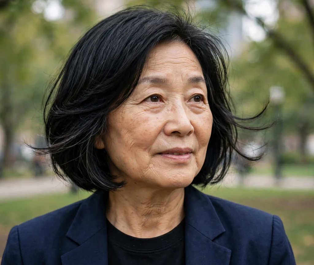 Soft layered bob with gentle movement on sleek black hair, East Asian woman in her mid 60s, navy blazer, city park