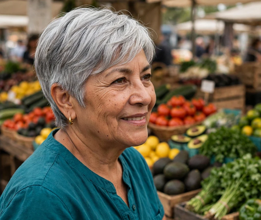 Silver pixie with soft side-swept bangs, Latina woman in her early 60s, teal top, farmers market