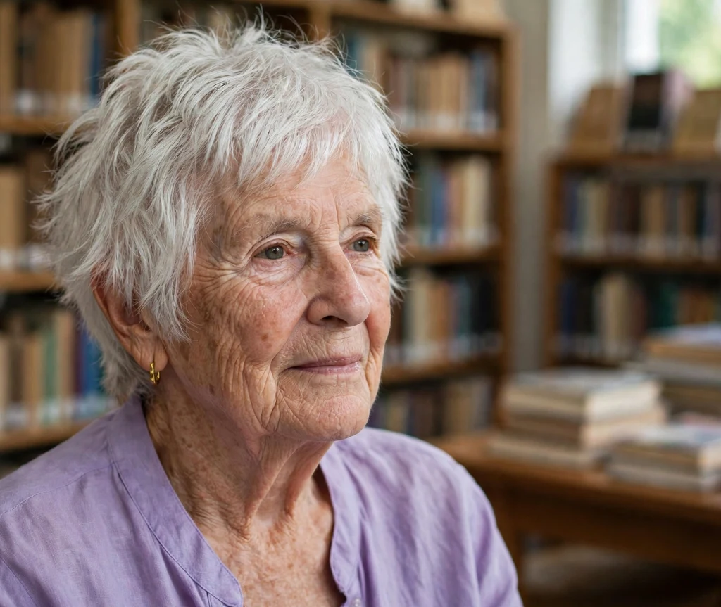 Short shag with choppy razored layers on white hair, woman in her mid 70s, lavender blouse, library