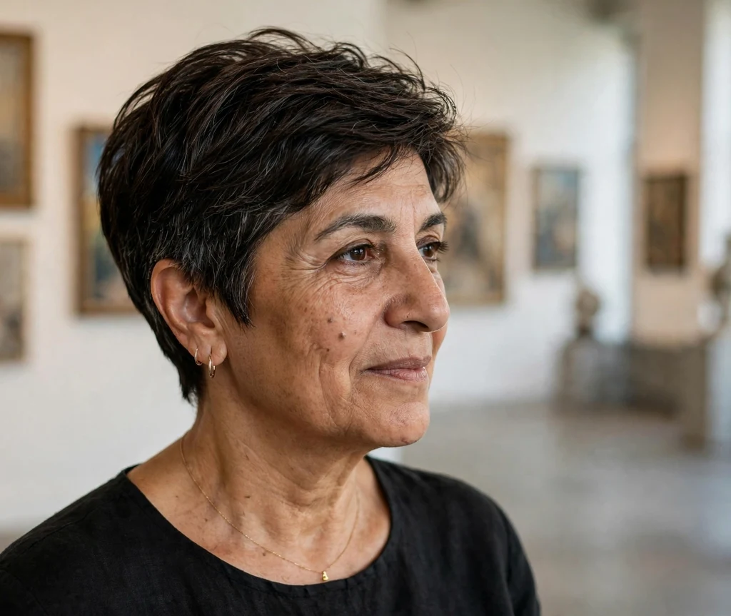 Tapered nape pixie with longer textured top on dark brown hair, Middle Eastern woman in her late 50s, black top with gold jewelry, art gallery