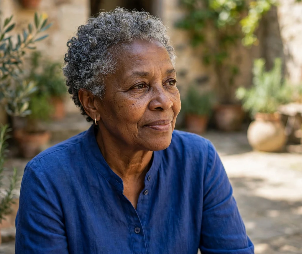 Short gray curly crop with defined natural curls, Black woman in her late 60s, royal blue dress, sunlit courtyard
