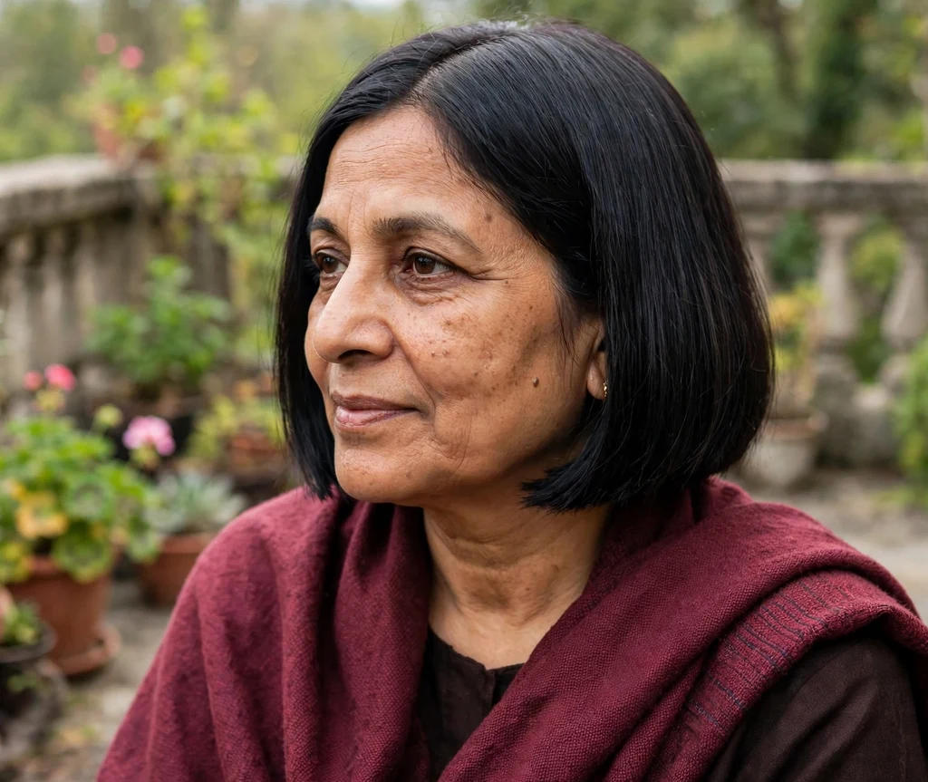 Chin-length blunt bob with a clean sharp line on dark black hair, South Asian woman in her late 50s, maroon shawl, garden terrace