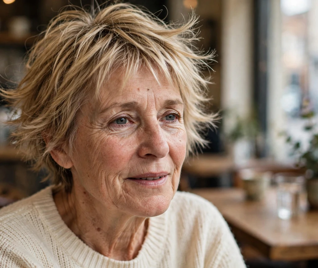 Feathered pixie with wispy airy layers on honey blonde hair, woman in her early 60s, cream sweater, cozy café